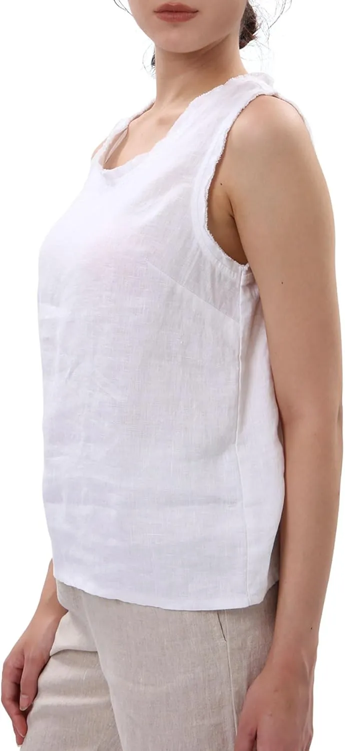 Amazhiyu Womens 100% Linen Summer Scoop Neck Tank Tops Sleeveless Raw Edge Blouse