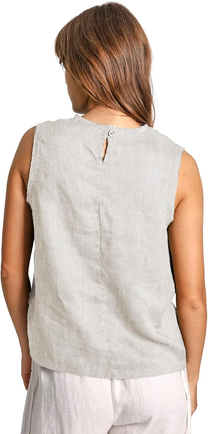 Amazhiyu Womens 100% Linen Summer Scoop Neck Tank Tops Sleeveless Raw Edge Blouse