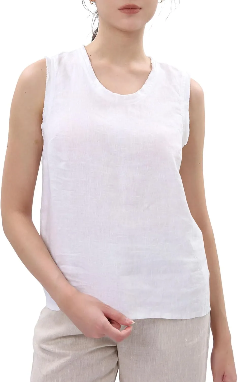 Amazhiyu Womens 100% Linen Summer Scoop Neck Tank Tops Sleeveless Raw Edge Blouse
