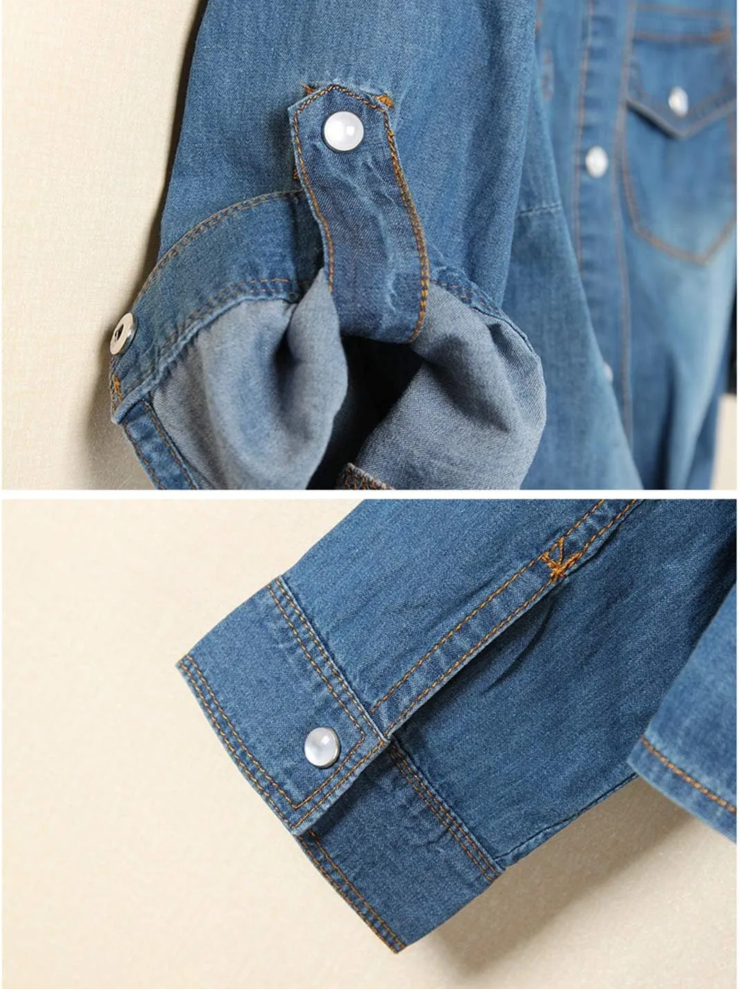 AMEBELLE Women's Roll Up 3/4 Sleeve Tie Front Knot Shirt Chambray Denim Crop Top