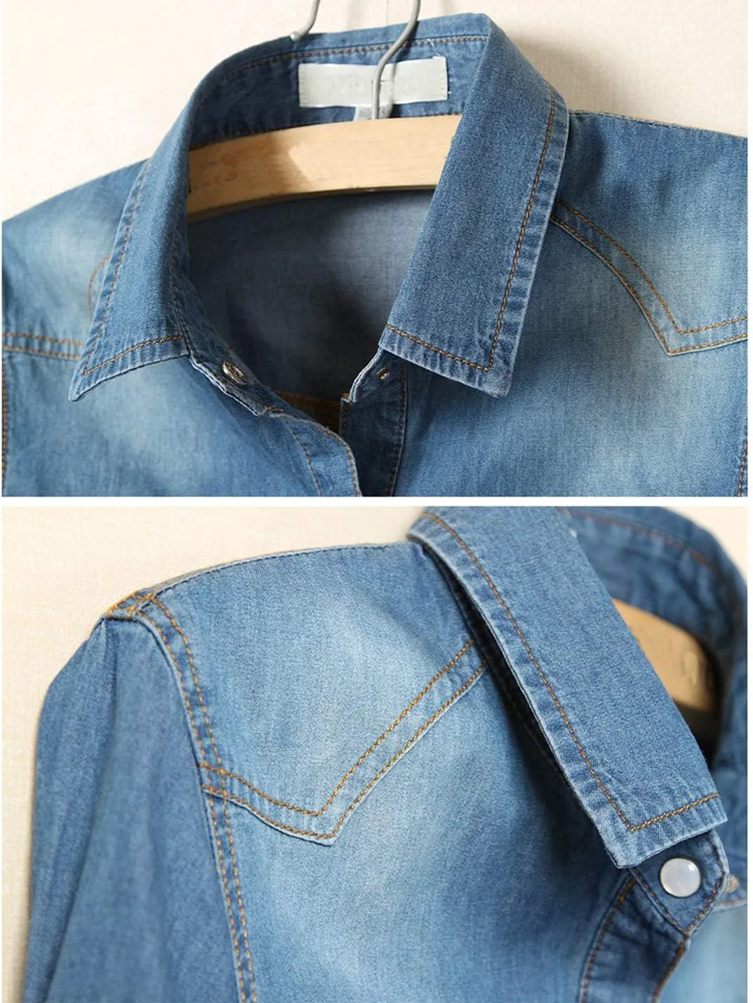 AMEBELLE Women's Roll Up 3/4 Sleeve Tie Front Knot Shirt Chambray Denim Crop Top