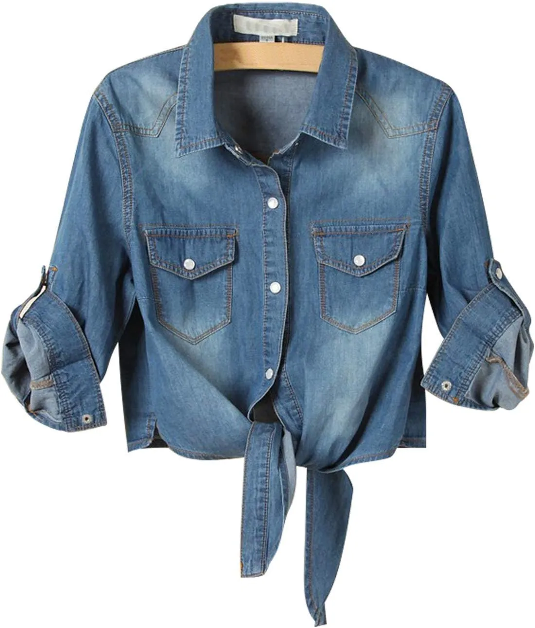 AMEBELLE Women's Roll Up 3/4 Sleeve Tie Front Knot Shirt Chambray Denim Crop Top