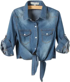 AMEBELLE Women's Roll Up 3/4 Sleeve Tie Front Knot Shirt Chambray Denim Crop Top