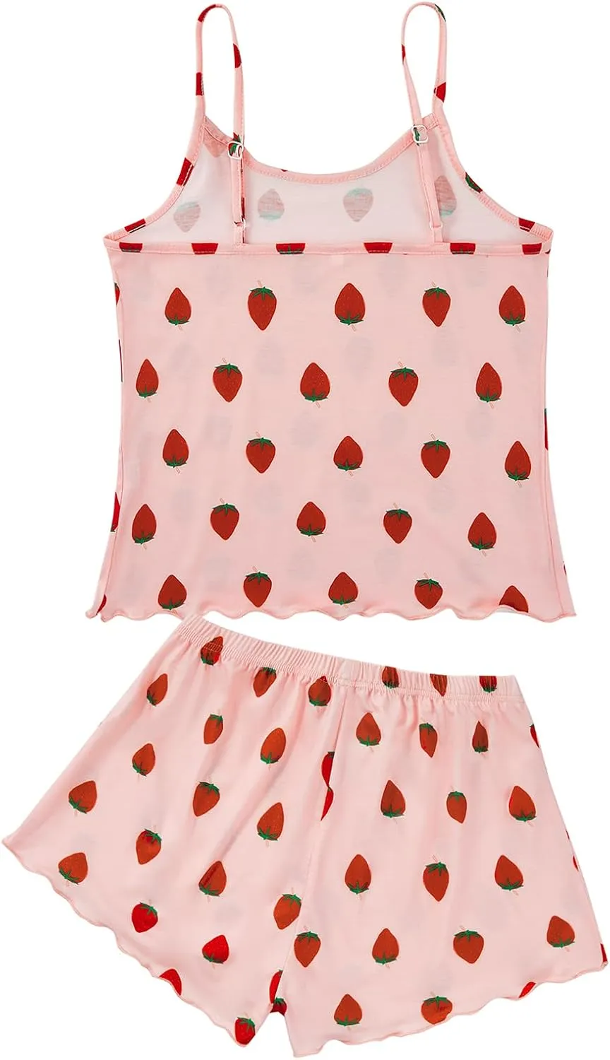 American Trends Cute Pajamas for Women Strawberry Print Cami Top and Shorts Pj Set Two Piece Pajama Set Sleepwear Sleep Set