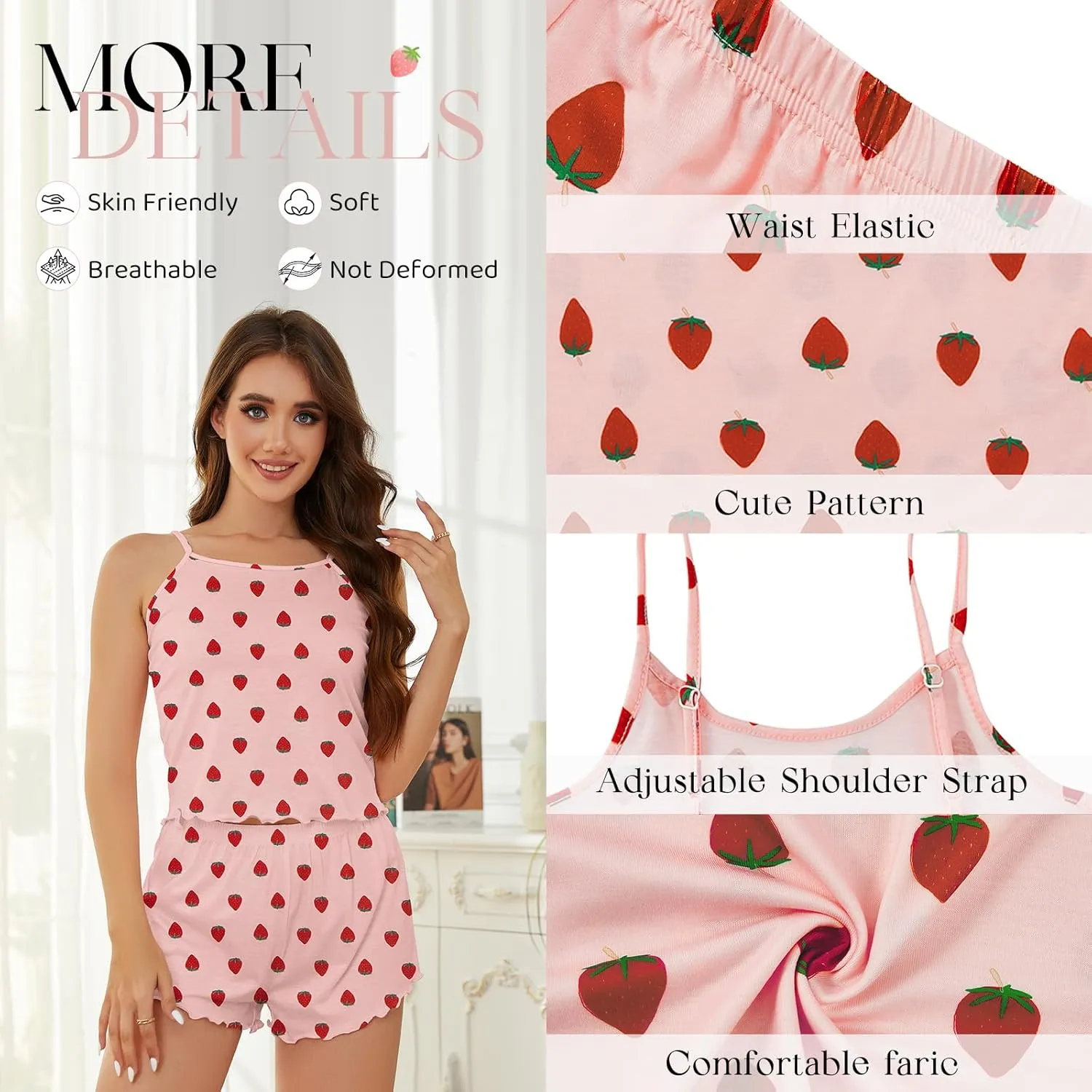 American Trends Cute Pajamas for Women Strawberry Print Cami Top and Shorts Pj Set Two Piece Pajama Set Sleepwear Sleep Set