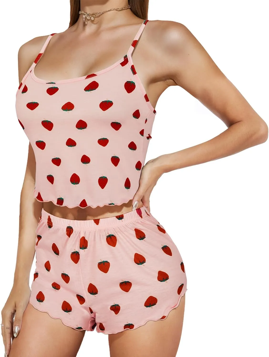 American Trends Cute Pajamas for Women Strawberry Print Cami Top and Shorts Pj Set Two Piece Pajama Set Sleepwear Sleep Set