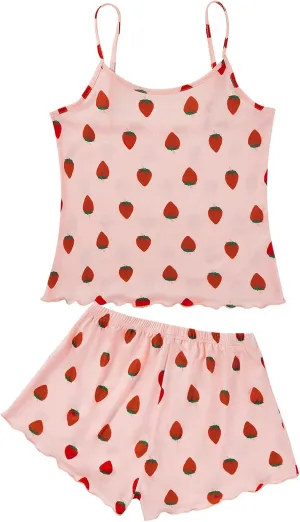 American Trends Cute Pajamas for Women Strawberry Print Cami Top and Shorts Pj Set Two Piece Pajama Set Sleepwear Sleep Set