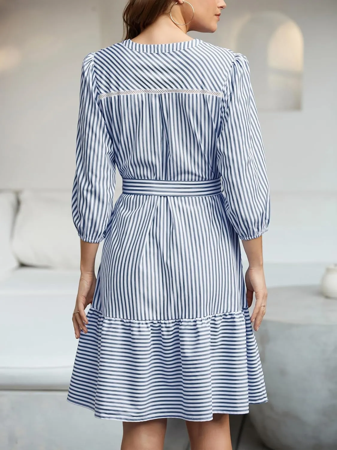 Angashion Women Striped Shirt Dress: Casual V Neck Button Down 3/4 Sleeve Belted Midi Dress Ruffle Flowy with Pockets