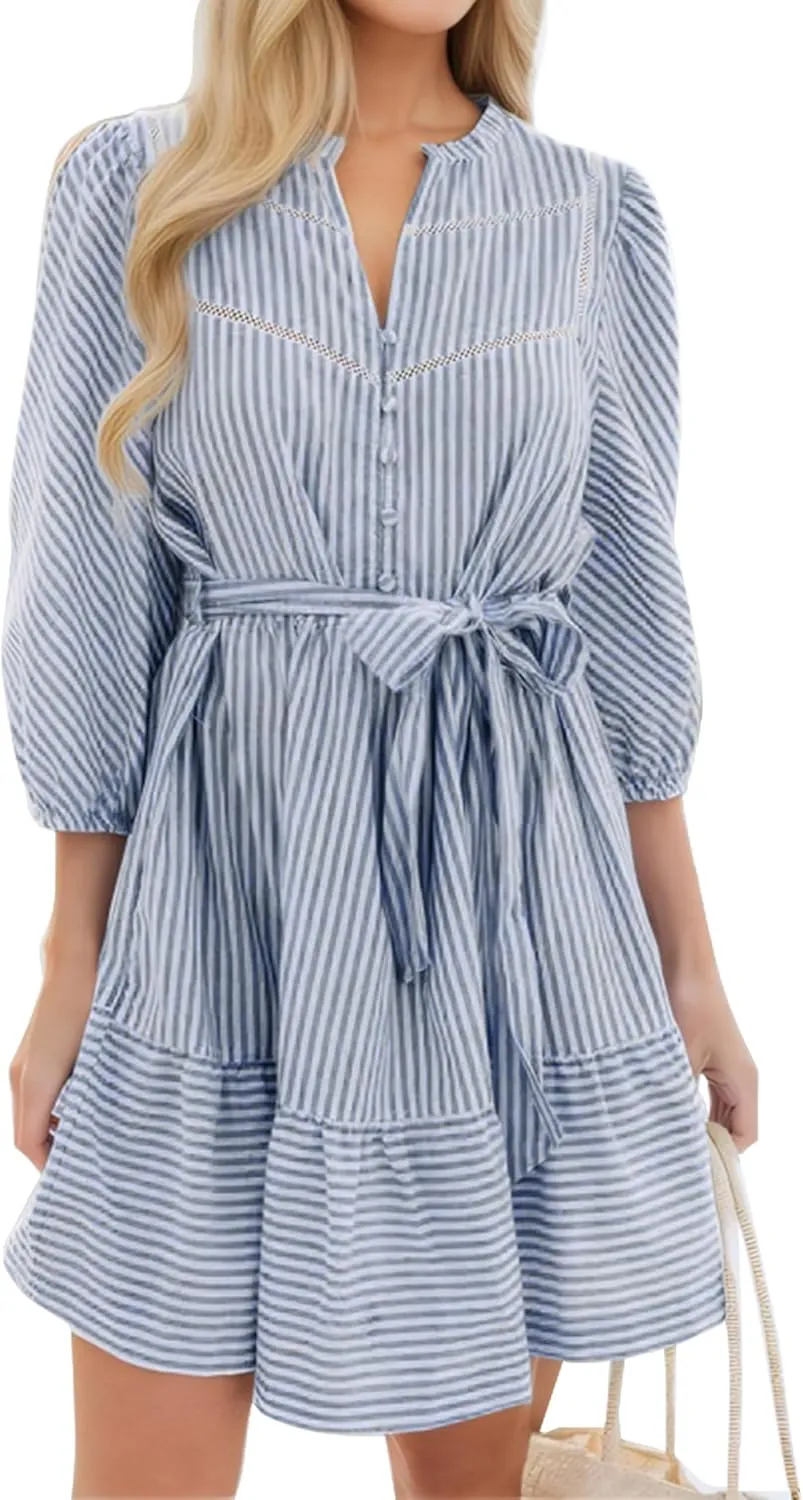 Angashion Women Striped Shirt Dress: Casual V Neck Button Down 3/4 Sleeve Belted Midi Dress Ruffle Flowy with Pockets