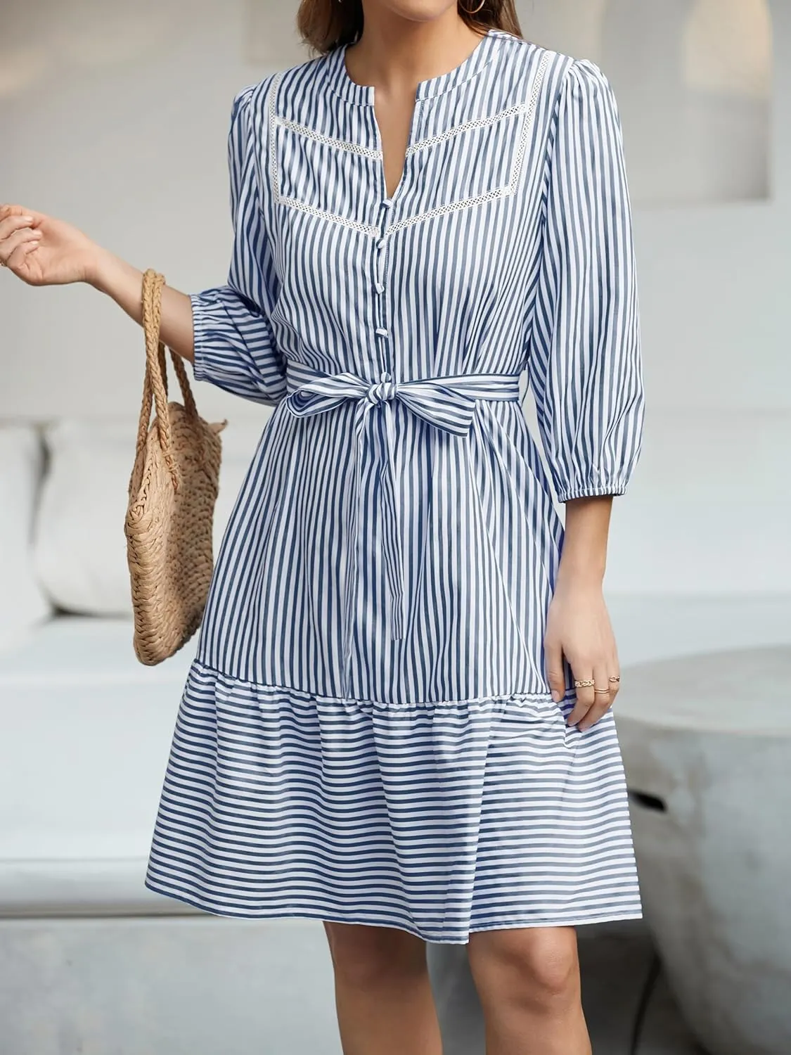 Angashion Women Striped Shirt Dress: Casual V Neck Button Down 3/4 Sleeve Belted Midi Dress Ruffle Flowy with Pockets