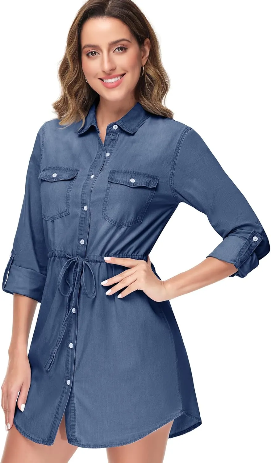Anna-Kaci Women's Jean Shirt Dress Long Sleeves Waist Ties Casual Short Chambray Denim