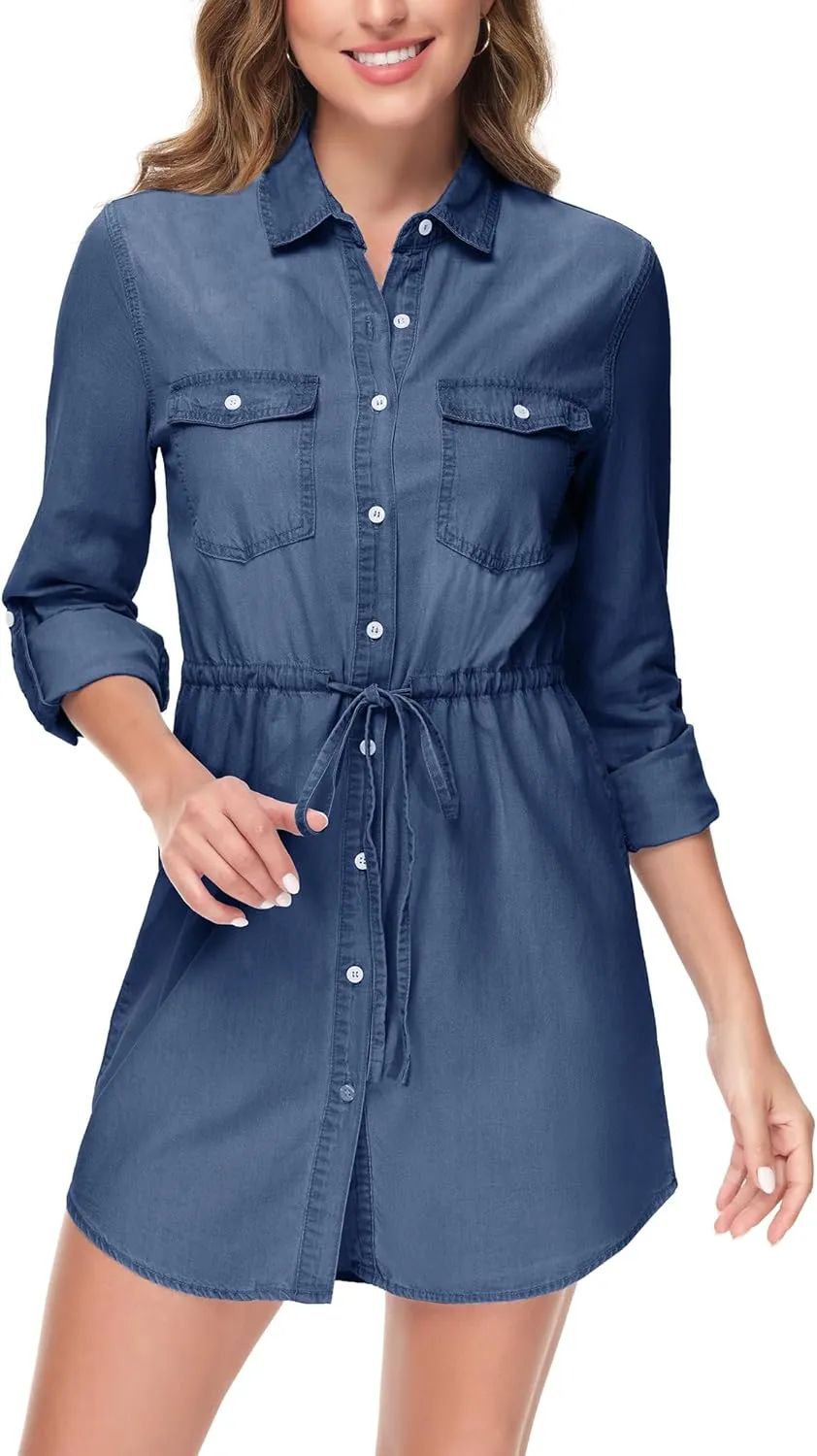 Anna-Kaci Women's Jean Shirt Dress Long Sleeves Waist Ties Casual Short Chambray Denim