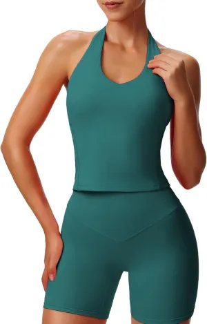 Aoxjox Women's Sleeveless Neck Tank Tops Workout Athletics Gym Yoga Curve Longline Hailey Halter Crop Top