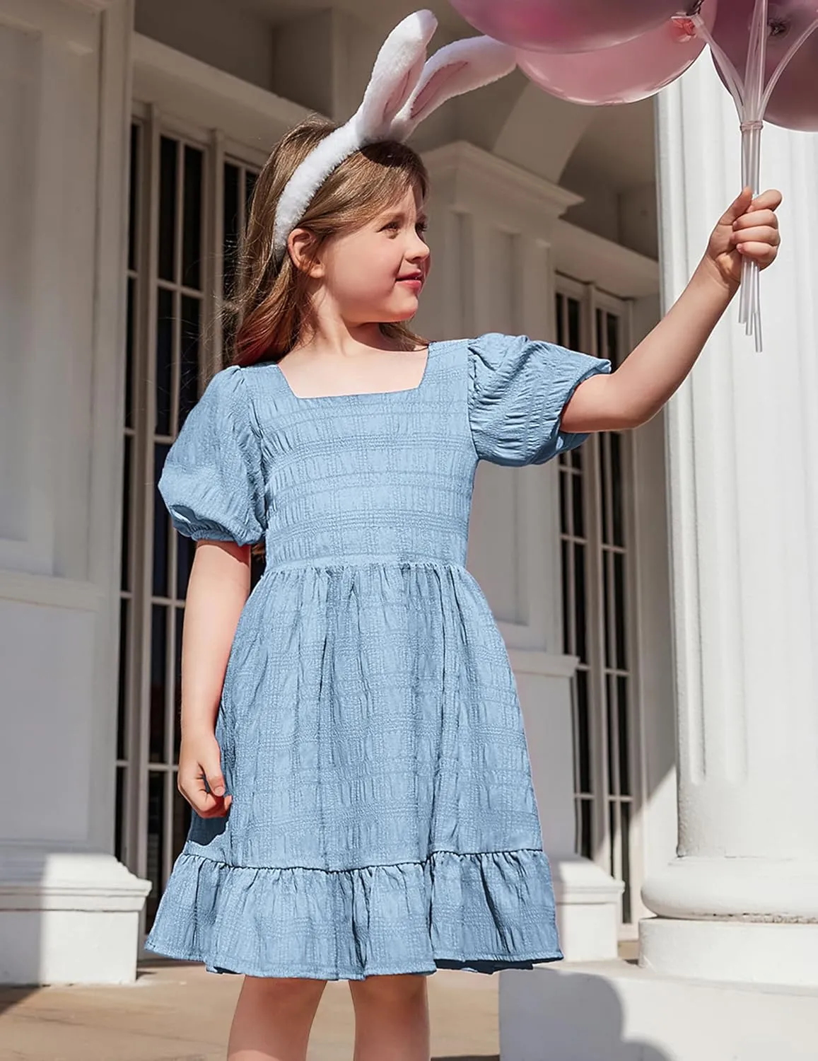 Arshiner Girls Backless Dress Short Sleeve Square Neck Ruffle Hem Elegant Dresses