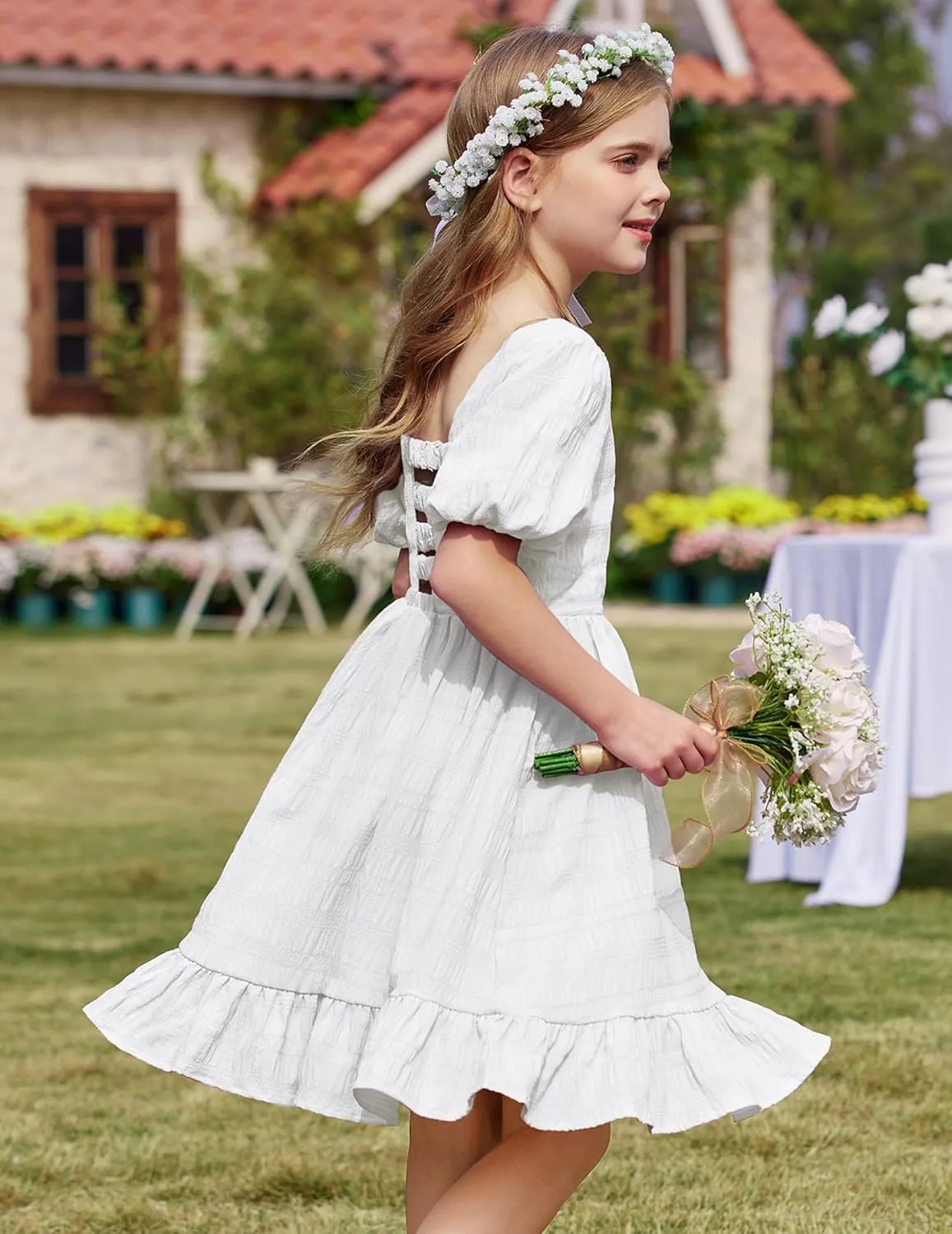 Arshiner Girls Backless Dress Short Sleeve Square Neck Ruffle Hem Elegant Dresses