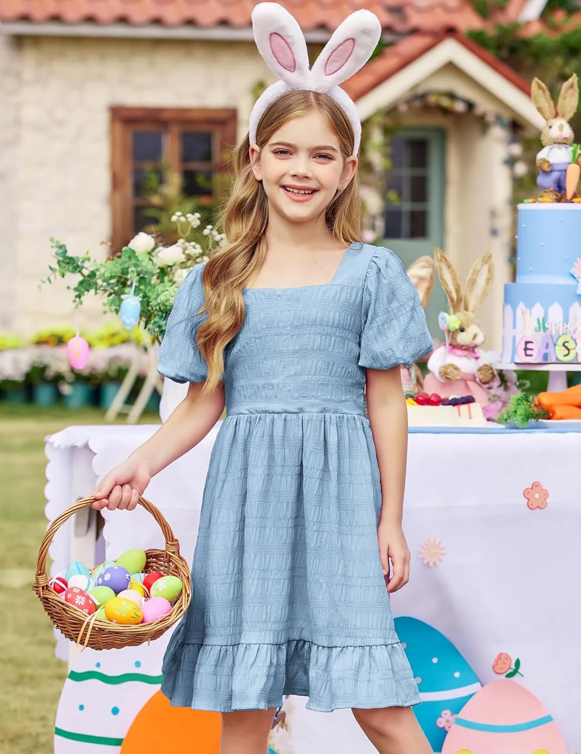 Arshiner Girls Backless Dress Short Sleeve Square Neck Ruffle Hem Elegant Dresses