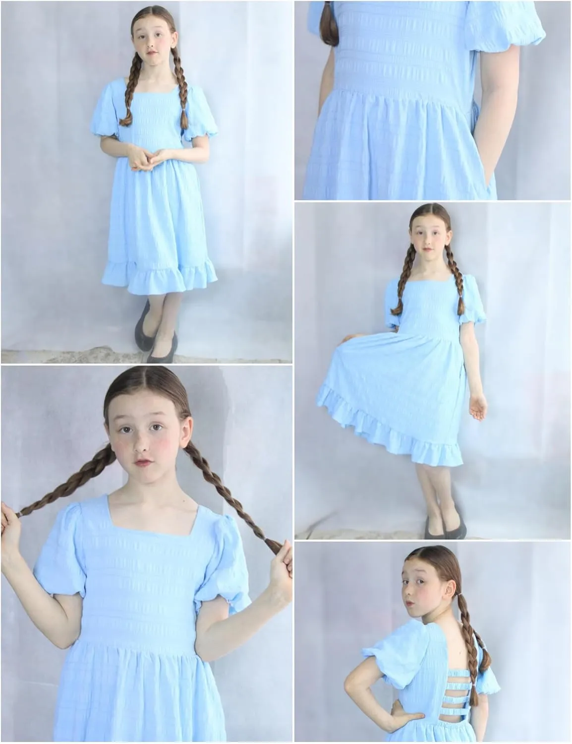 Arshiner Girls Backless Dress Short Sleeve Square Neck Ruffle Hem Elegant Dresses