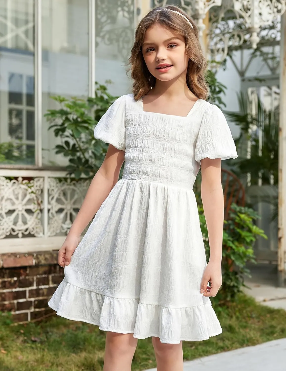 Arshiner Girls Backless Dress Short Sleeve Square Neck Ruffle Hem Elegant Dresses