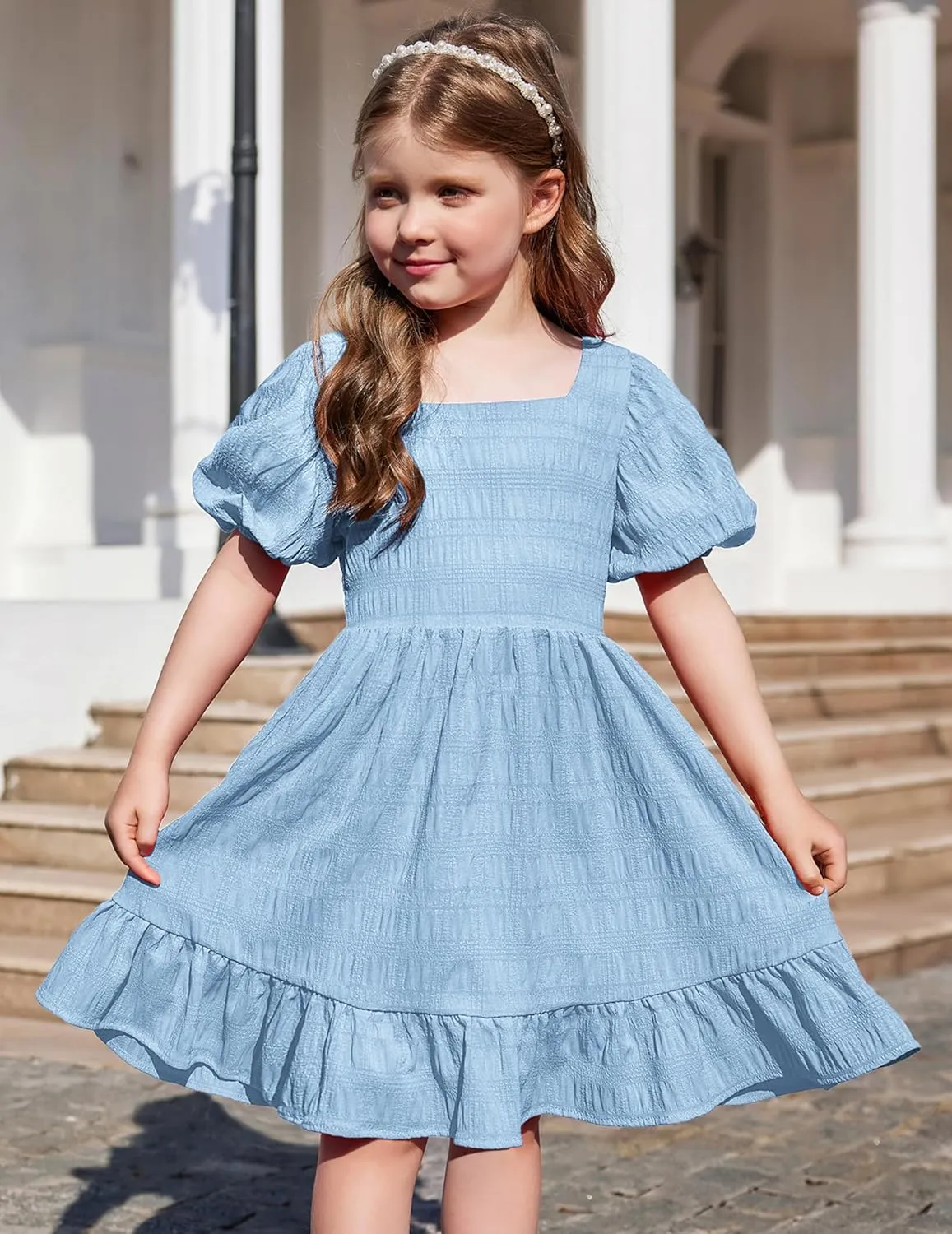 Arshiner Girls Backless Dress Short Sleeve Square Neck Ruffle Hem Elegant Dresses