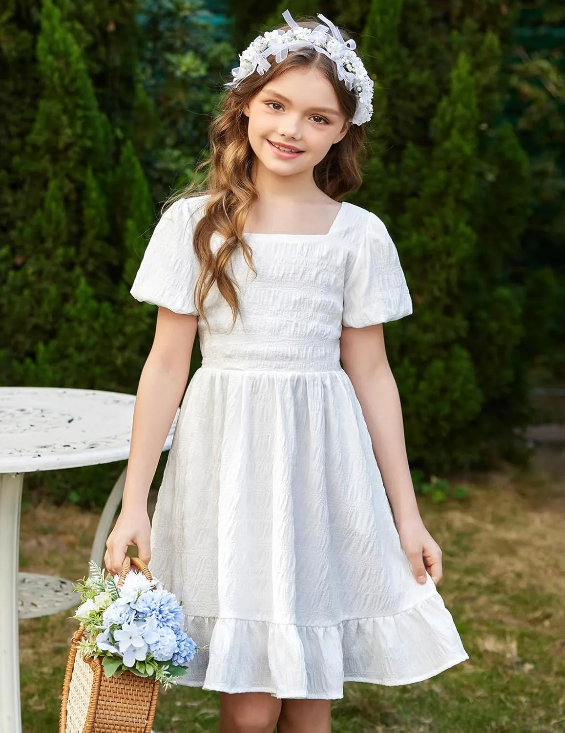 Arshiner Girls Backless Dress Short Sleeve Square Neck Ruffle Hem Elegant Dresses