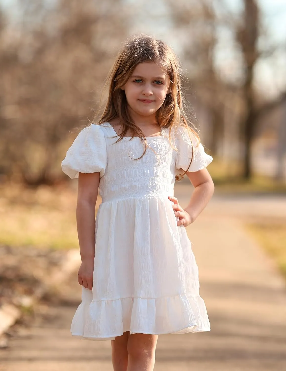 Arshiner Girls Backless Dress Short Sleeve Square Neck Ruffle Hem Elegant Dresses