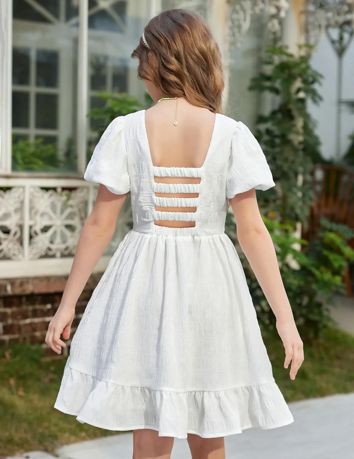 Arshiner Girls Backless Dress Short Sleeve Square Neck Ruffle Hem Elegant Dresses