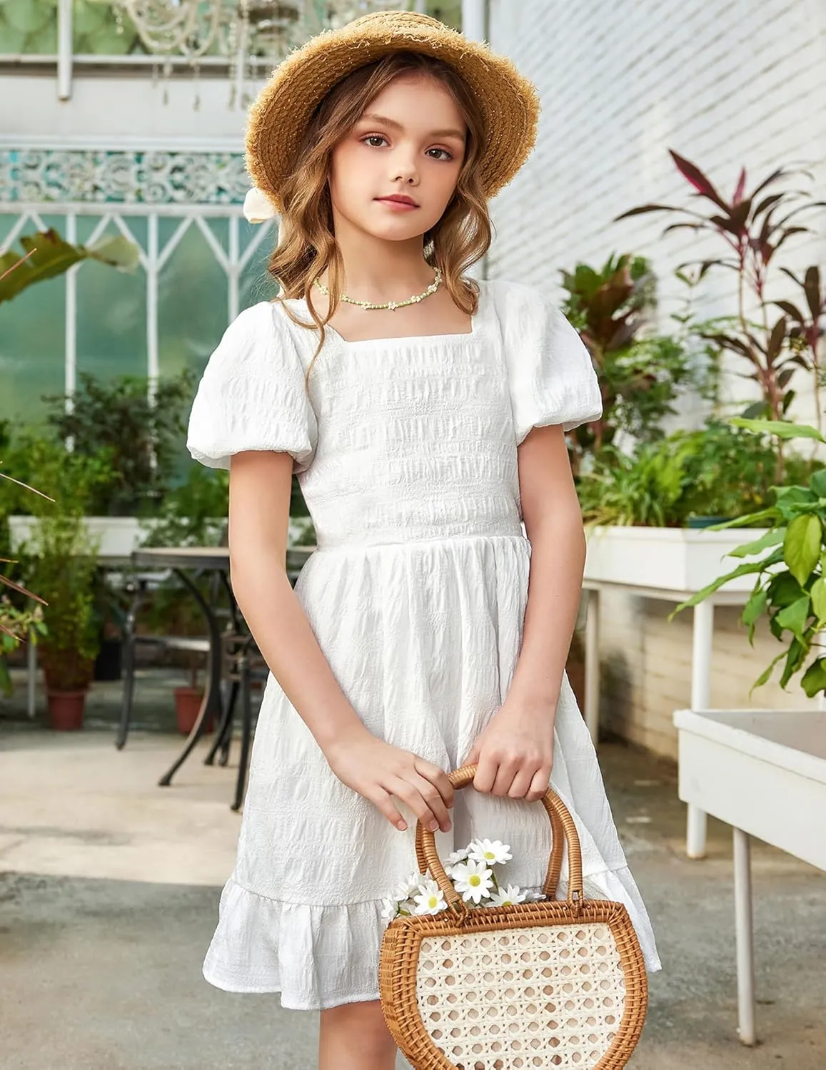 Arshiner Girls Backless Dress Short Sleeve Square Neck Ruffle Hem Elegant Dresses