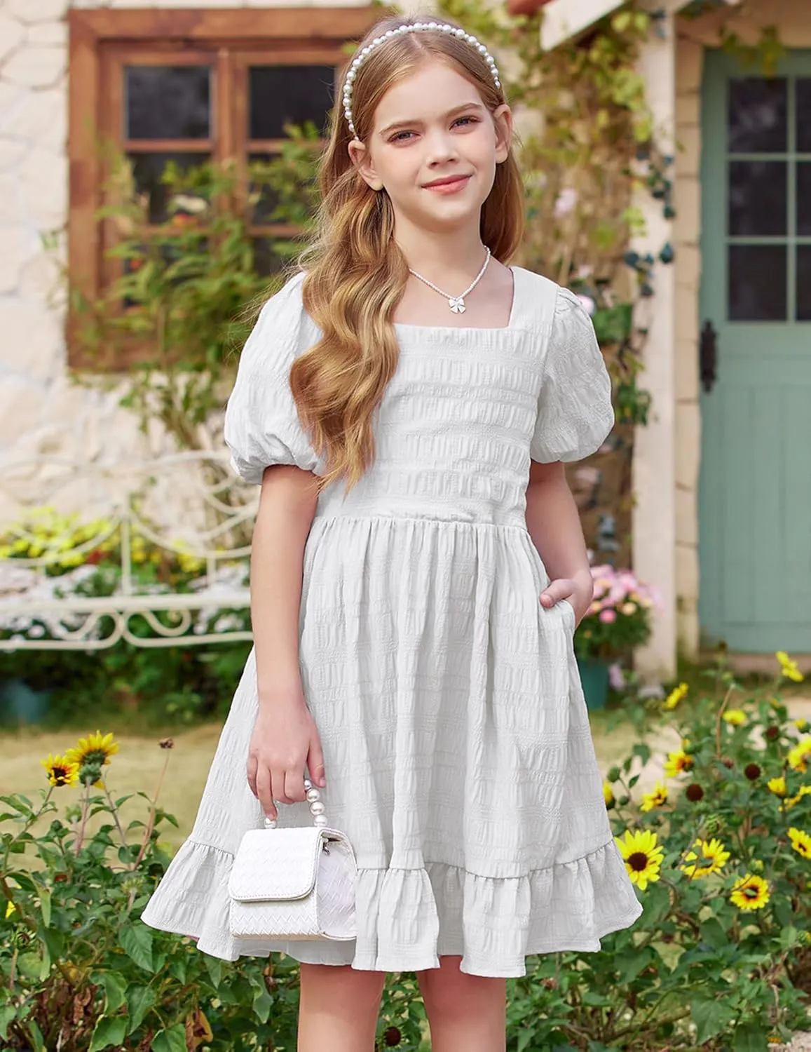 Arshiner Girls Backless Dress Short Sleeve Square Neck Ruffle Hem Elegant Dresses