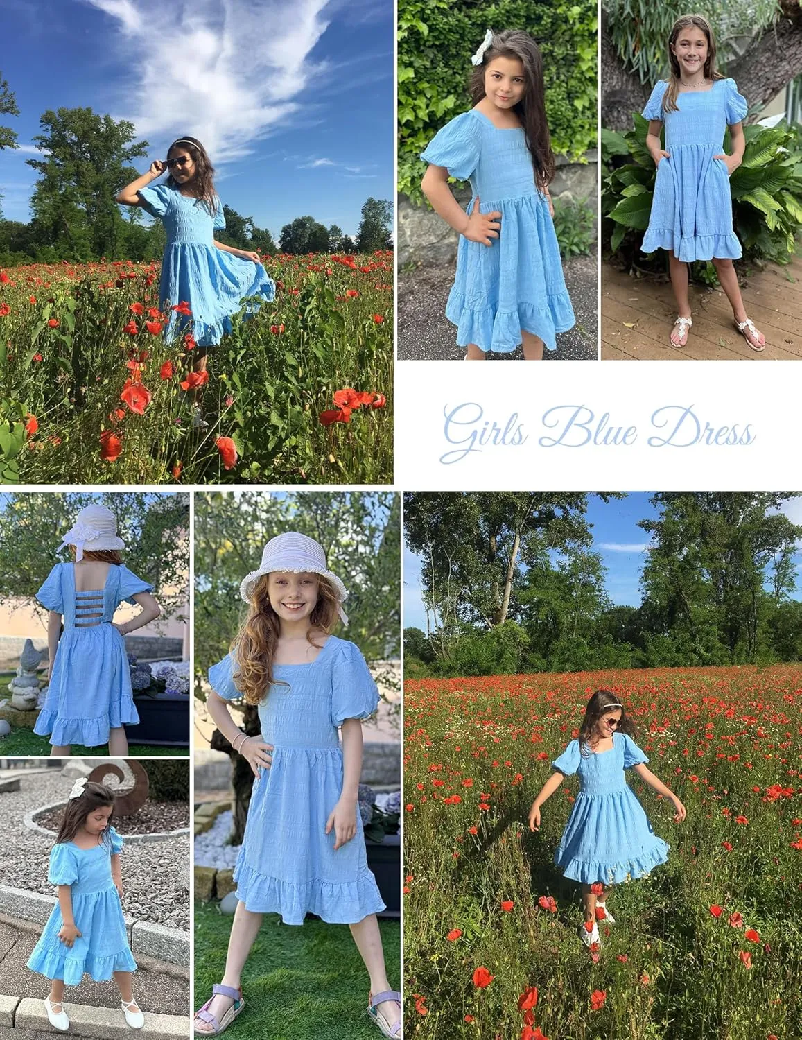 Arshiner Girls Backless Dress Short Sleeve Square Neck Ruffle Hem Elegant Dresses