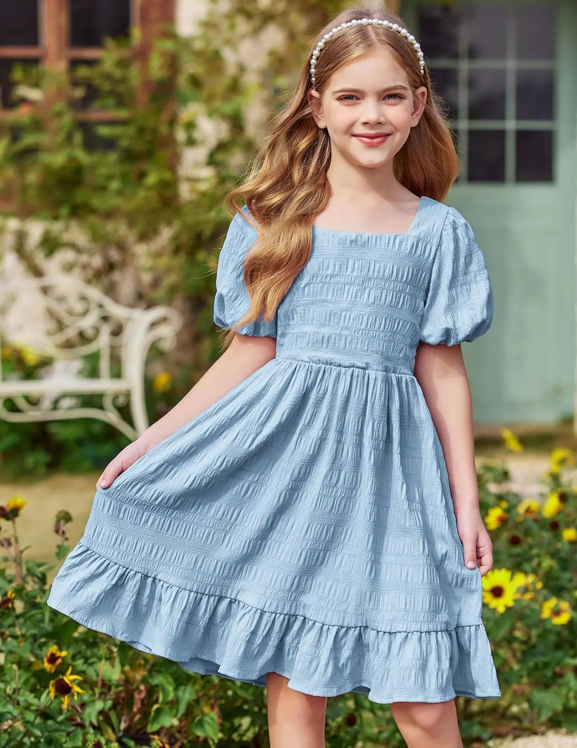 Arshiner Girls Backless Dress Short Sleeve Square Neck Ruffle Hem Elegant Dresses