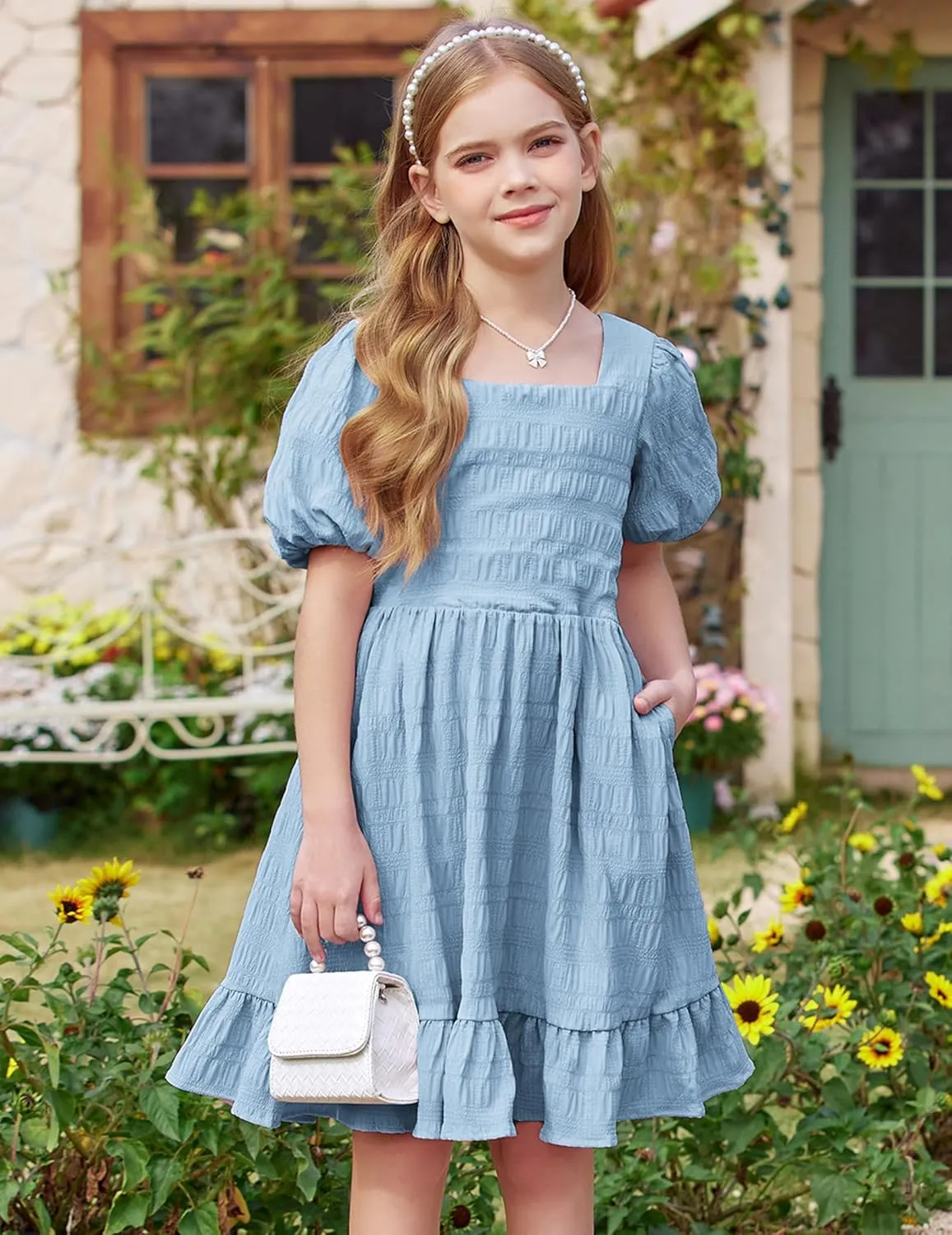 Arshiner Girls Backless Dress Short Sleeve Square Neck Ruffle Hem Elegant Dresses