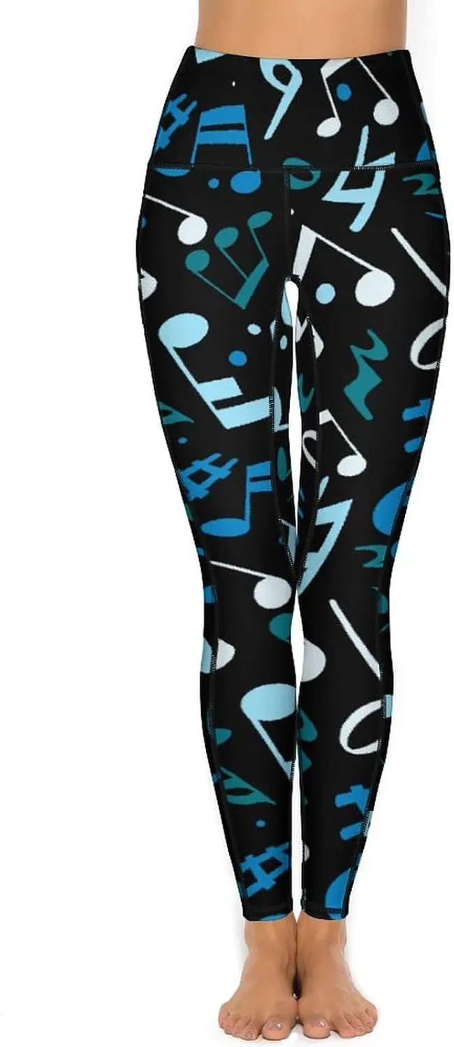 Athletic High Waist Yoga Pants Women's Workout Leggings with Pockets Exercise Tights White Music Notes Sports Trousers