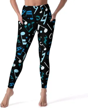 Athletic High Waist Yoga Pants Women's Workout Leggings with Pockets Exercise Tights White Music Notes Sports Trousers