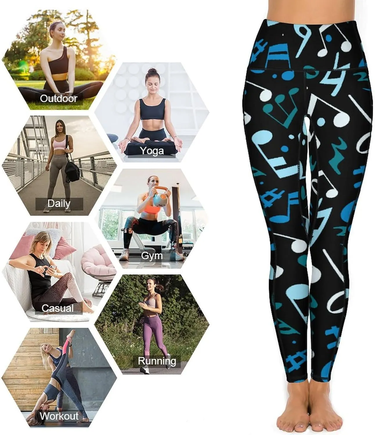 Athletic High Waist Yoga Pants Women's Workout Leggings with Pockets Exercise Tights White Music Notes Sports Trousers