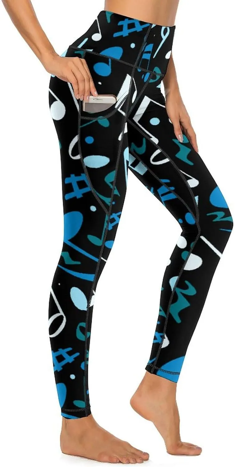 Athletic High Waist Yoga Pants Women's Workout Leggings with Pockets Exercise Tights White Music Notes Sports Trousers