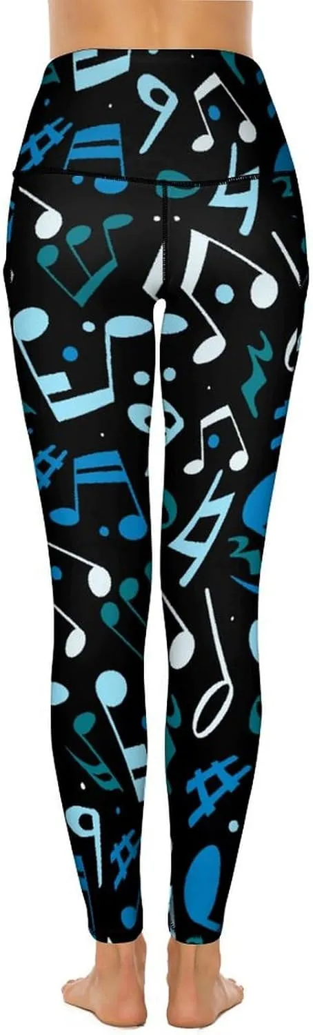 Athletic High Waist Yoga Pants Women's Workout Leggings with Pockets Exercise Tights White Music Notes Sports Trousers