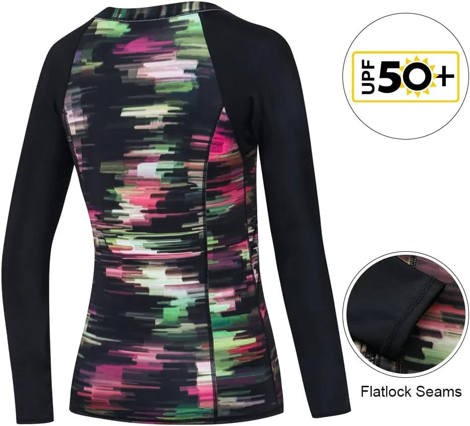 AXESEA Women's Rash Guard Tops Long Sleeve Bathing Suits Printed UV Sun Protection Swim Shirt