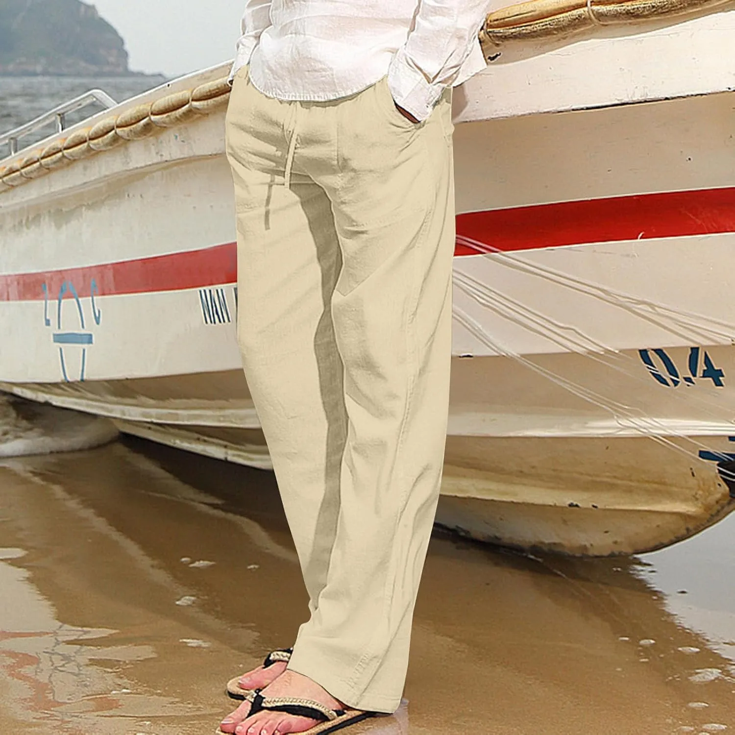 Aymnlox Mens Fall Casual Pants Cotton Linen Baggy Solid Trousers Big and Tall Straight Leg Sweatpants Drawstring Waist Pants
