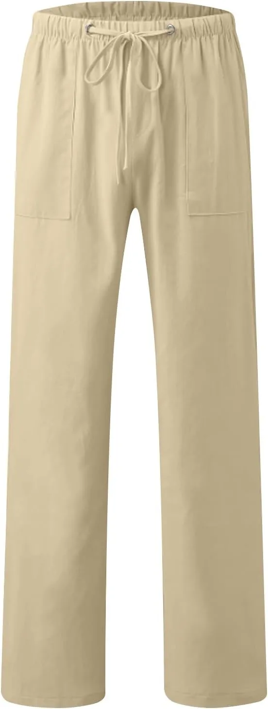 Aymnlox Mens Fall Casual Pants Cotton Linen Baggy Solid Trousers Big and Tall Straight Leg Sweatpants Drawstring Waist Pants