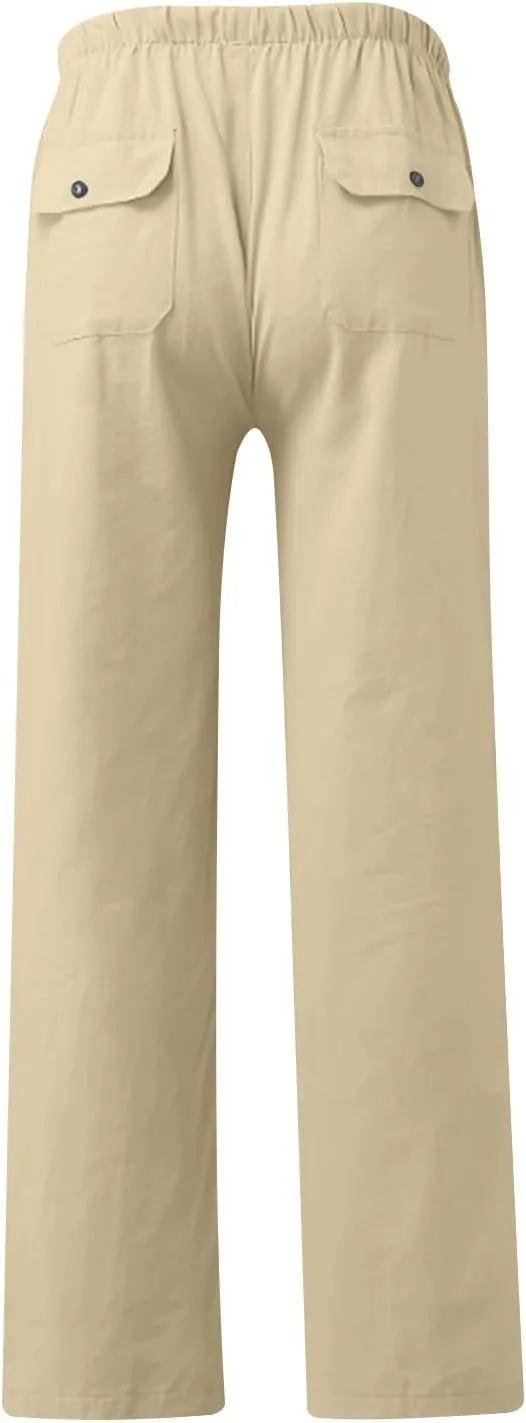 Aymnlox Mens Fall Casual Pants Cotton Linen Baggy Solid Trousers Big and Tall Straight Leg Sweatpants Drawstring Waist Pants