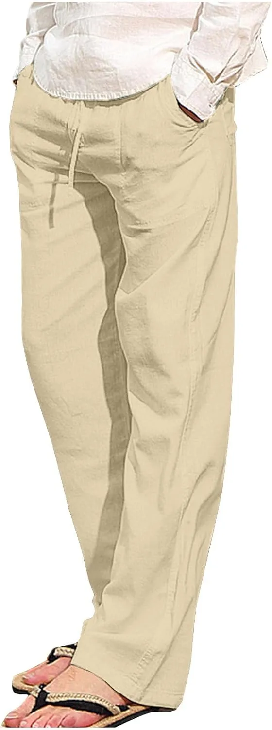 Aymnlox Mens Fall Casual Pants Cotton Linen Baggy Solid Trousers Big and Tall Straight Leg Sweatpants Drawstring Waist Pants