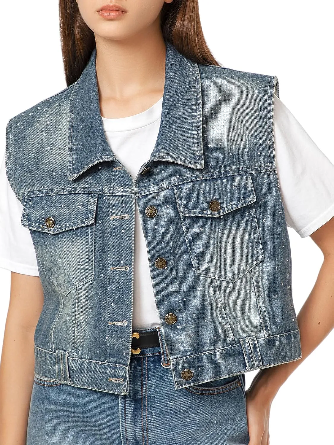 Babalet Women's Denim Vest Oversized Sleeveless Button Denim Jacket Jean Crop Vest
