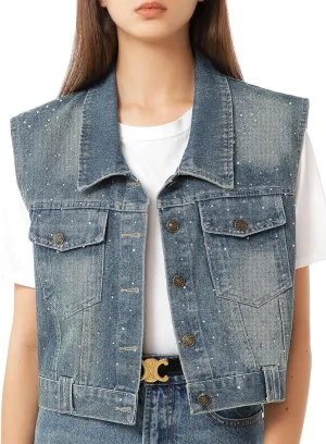 Babalet Women's Denim Vest Oversized Sleeveless Button Denim Jacket Jean Crop Vest