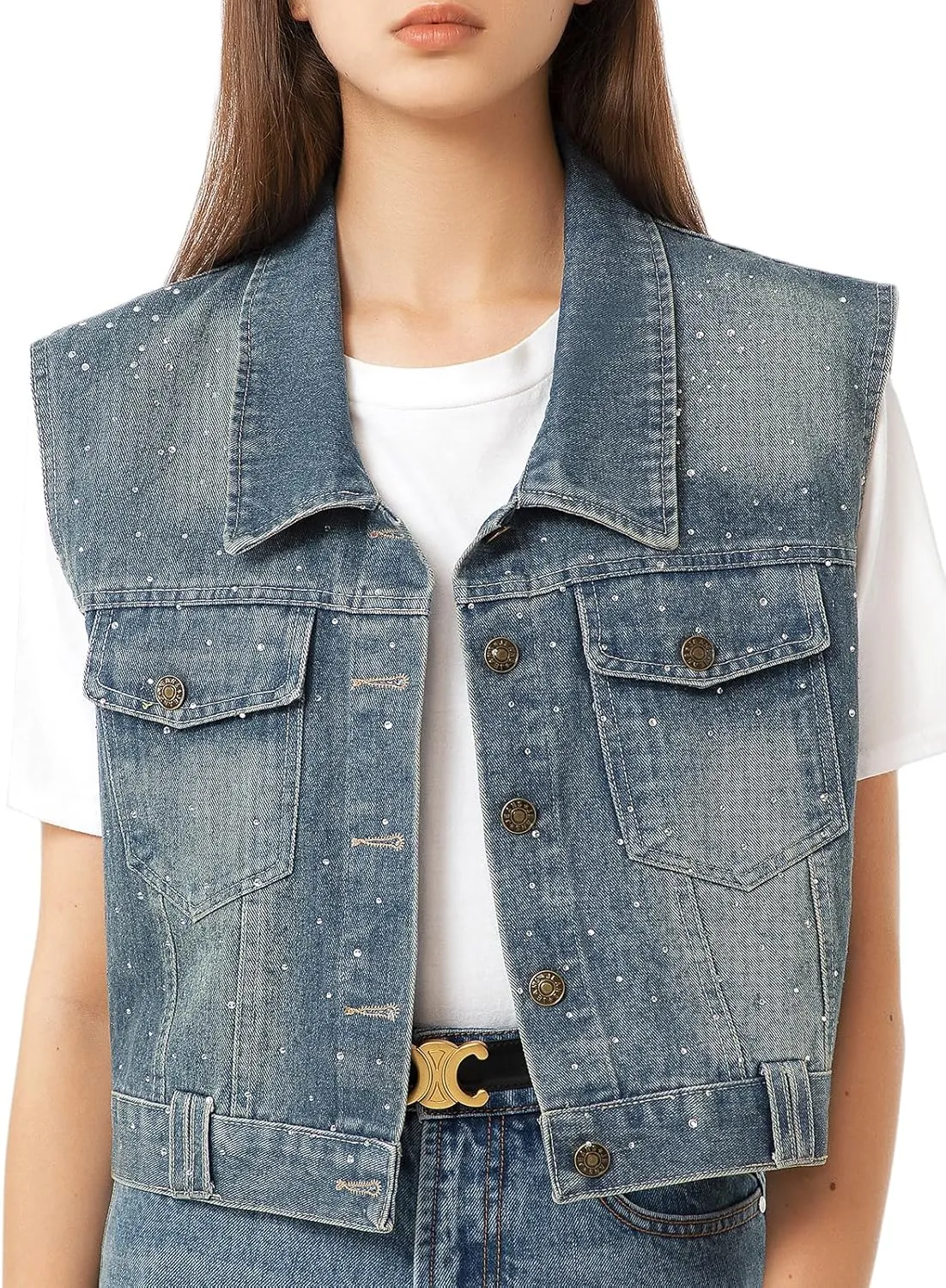 Babalet Women's Denim Vest Oversized Sleeveless Button Denim Jacket Jean Crop Vest