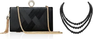 BABEYOND Clutch Purses for Women - Evening Bag Tassel Pendant Clutch for Bride Party Prom Wedding Round Imitation Pearl Necklace Vintage Multi Strands Necklace 20s Flapper Necklace