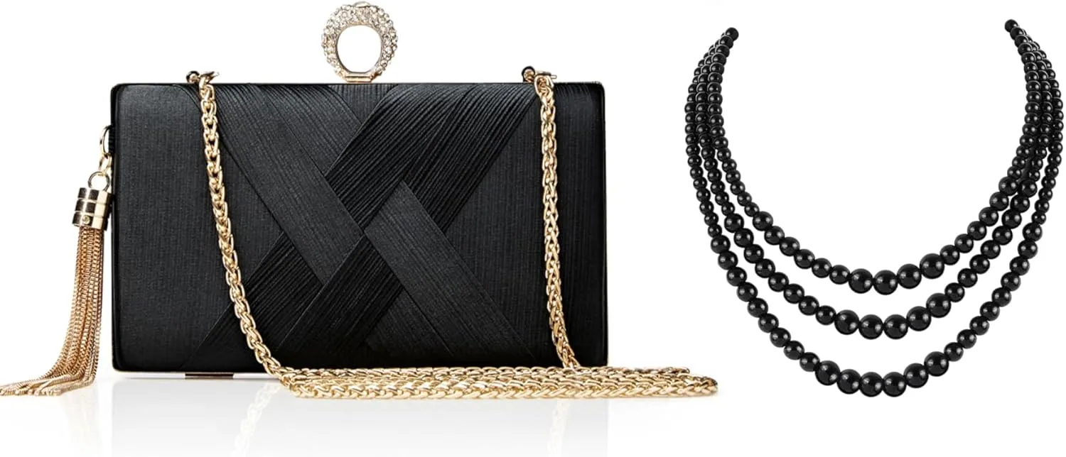 BABEYOND Clutch Purses for Women - Evening Bag Tassel Pendant Clutch for Bride Party Prom Wedding Round Imitation Pearl Necklace Vintage Multi Strands Necklace 20s Flapper Necklace