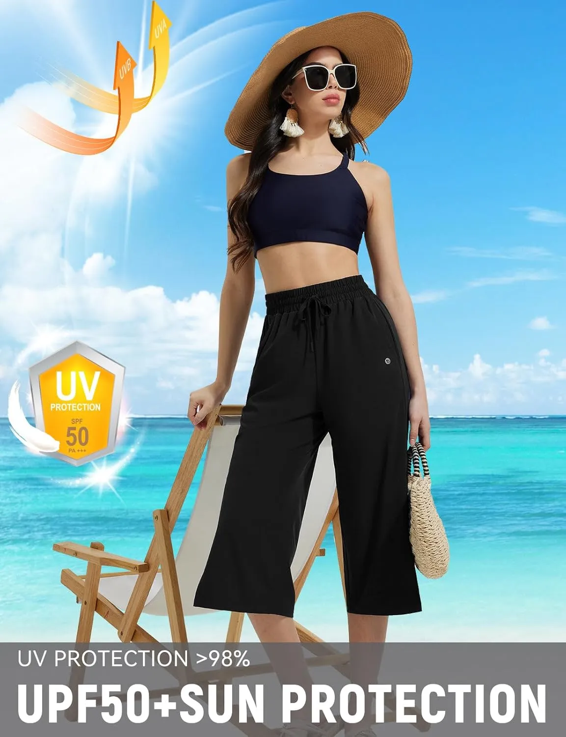 baleaf Women's Capri Pants Wide Leg Quick Dry Lightweight Capris UPF50  Casual Sweatpants Swim Pants