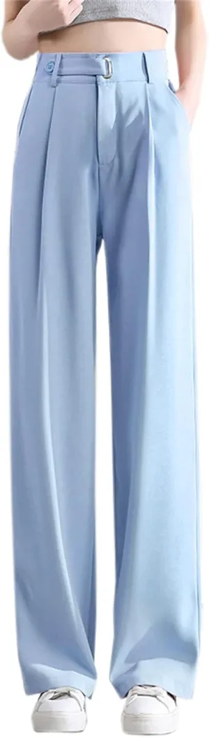 Betusline Women's Casual Wide Leg Long Dress Pants High Waisted Business Office Straight Trousers for Women, 1# Blue, Large