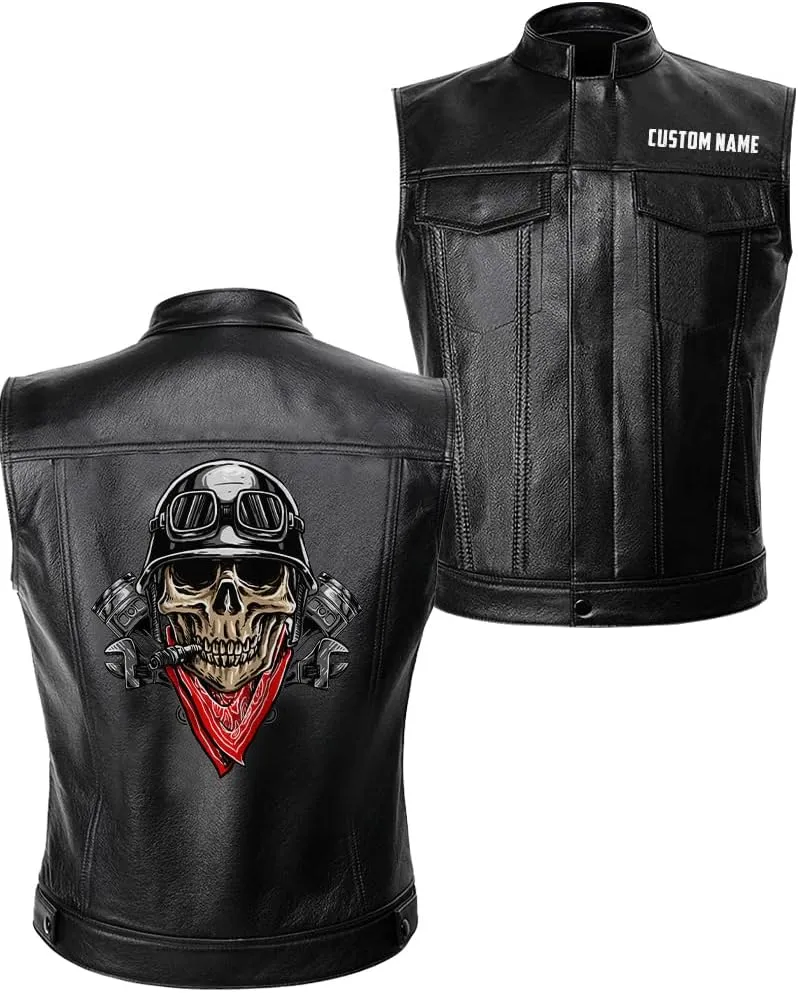 Biker Skull Wearing Motorcycle Helmet And Red Scarf Custom With Name PU Leather Vest Coat Jacket For Men US