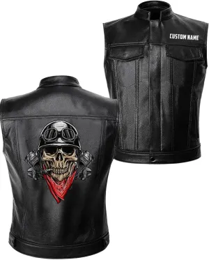 Biker Skull Wearing Motorcycle Helmet And Red Scarf Custom With Name PU Leather Vest Coat Jacket For Men US